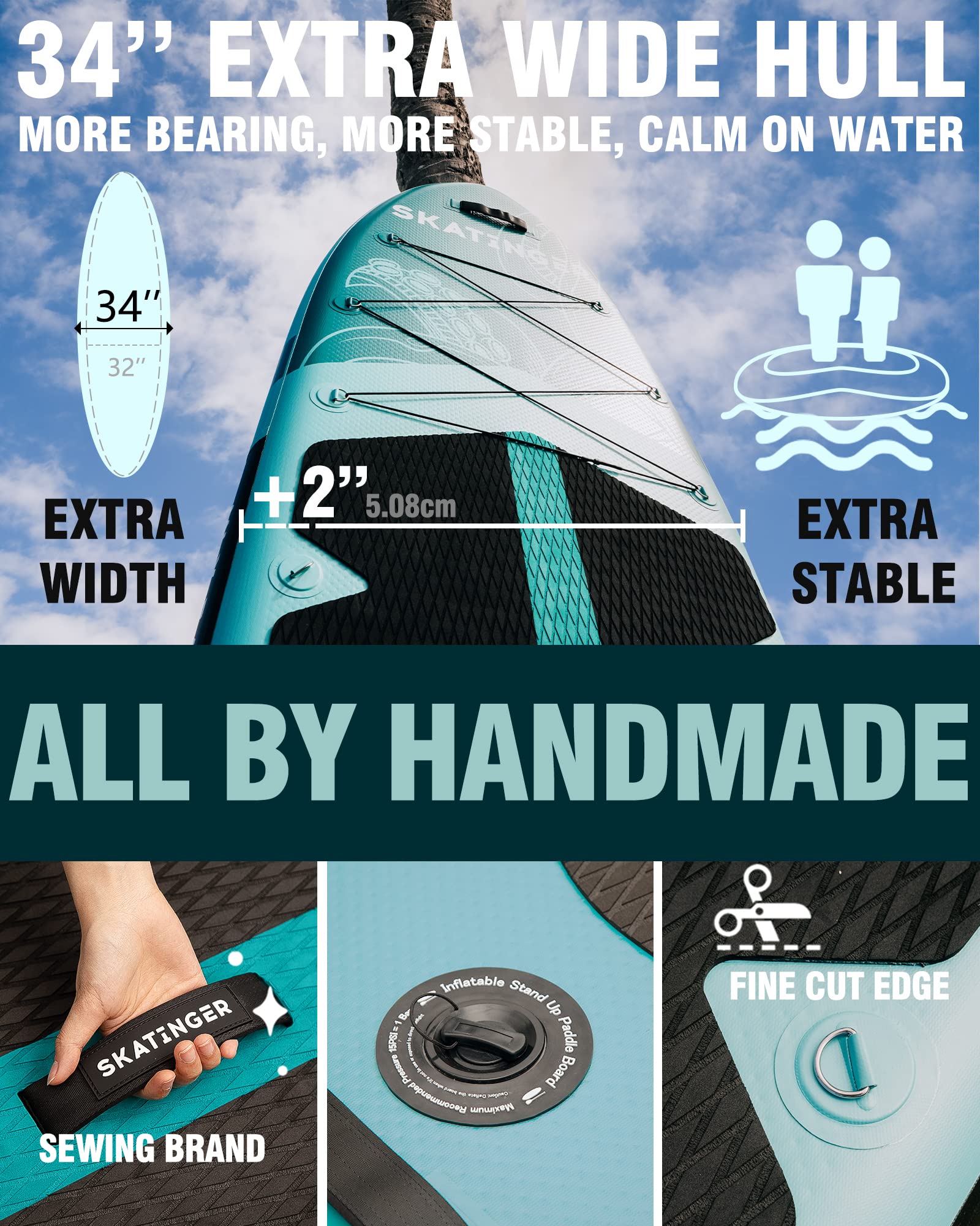 Skatinger 11'X34'' Extra Wide Inflatable Paddle Board, Up To 420Lbspaddle Boards For Adults, Stable Stand Up Paddle Board, 2 Peo