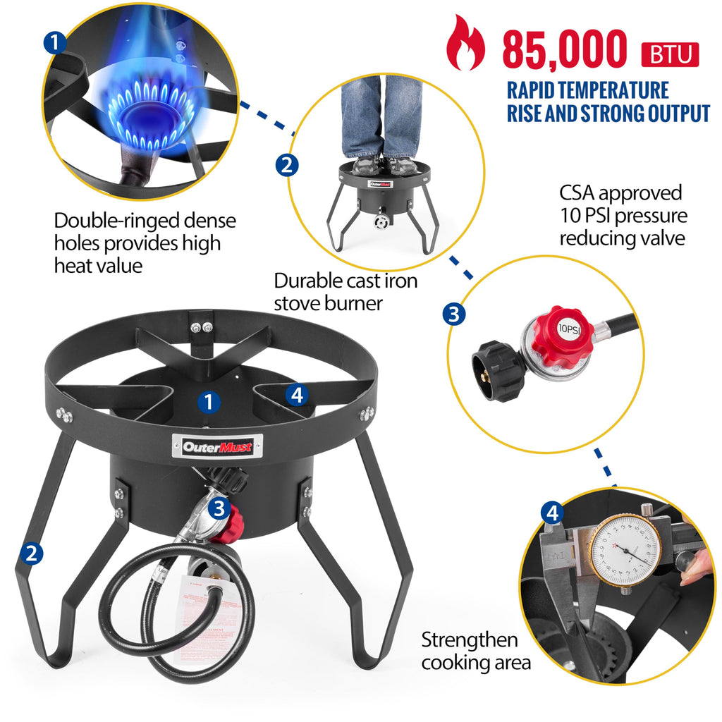 OuterMust Gas Stove Propane Burner with Regulator and Cast Iron Braided Holes (single) for Outdoor Cooking, Camping and Seafood