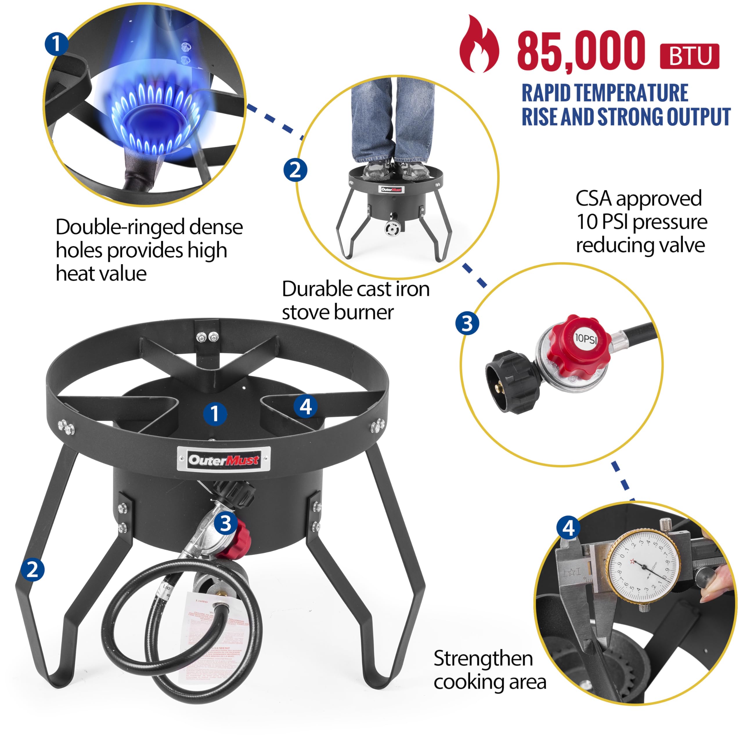 OuterMust Gas Stove Propane Burner with Regulator and Cast Iron Braided Holes (single) for Outdoor Cooking, Camping and Seafood