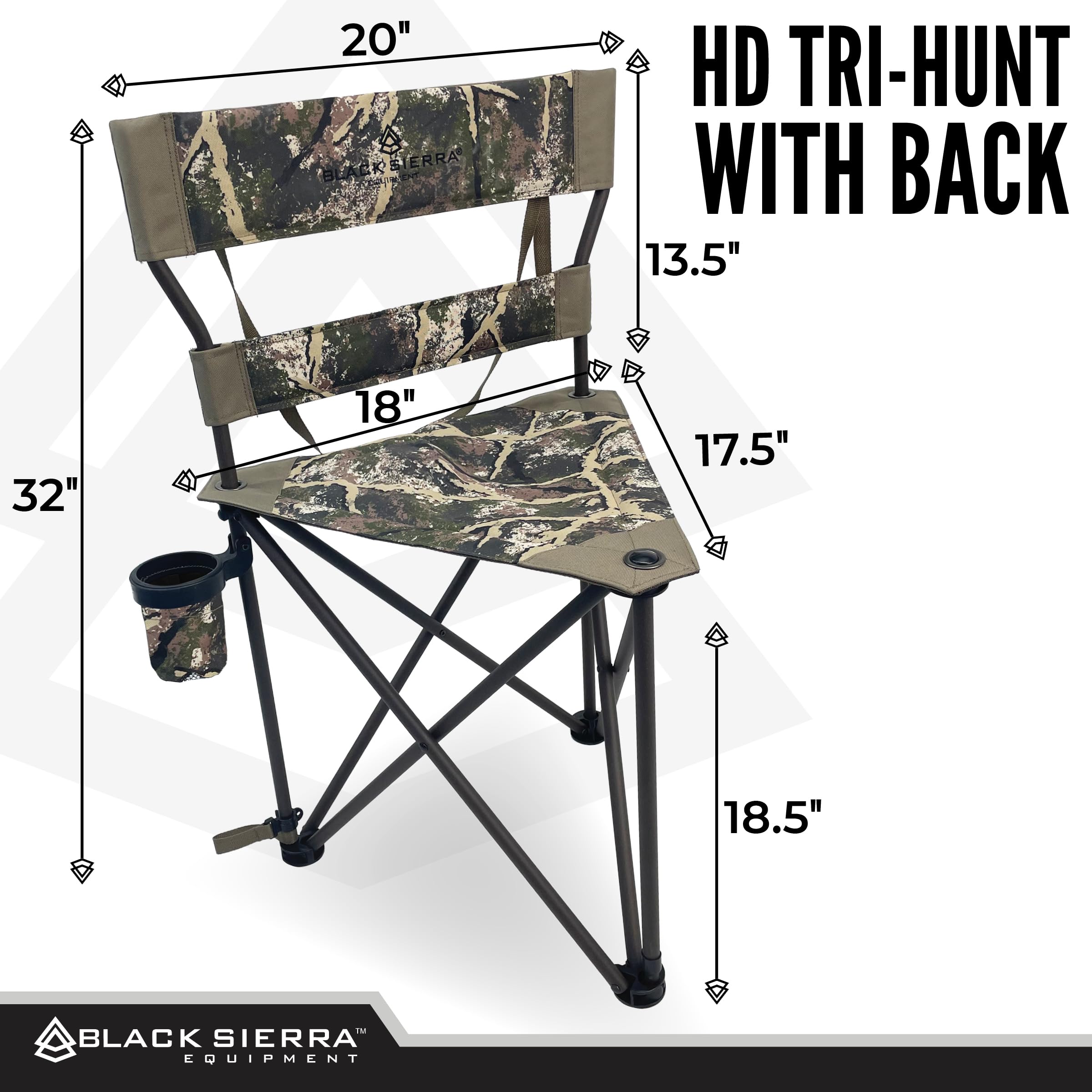 Black Sierra Xl Tripod Hunting Stool, Foldable Tripod Seat W/Steel Frame Supports 300 Lbs, Heavy Duty Fishing Chair Features Cup