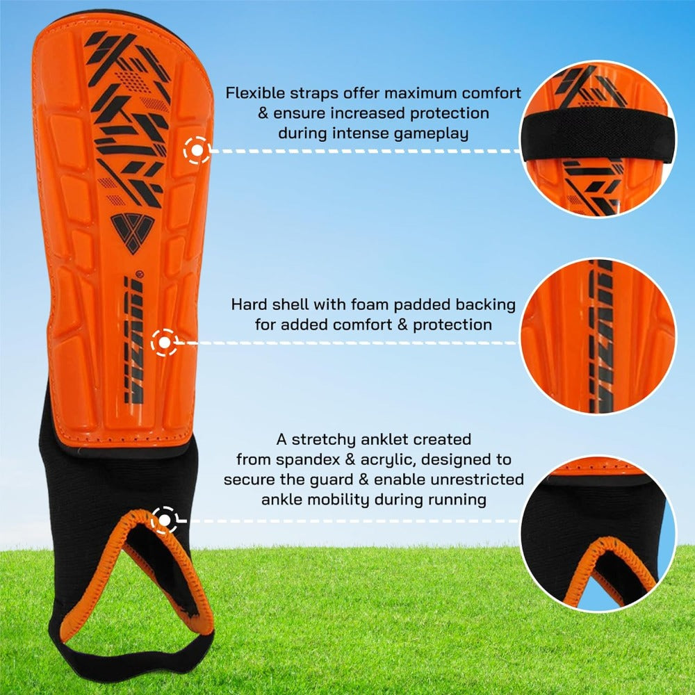 Malaga Soccer Shin Guard with Adjustable Straps-Orange/Black - Vizari Sports