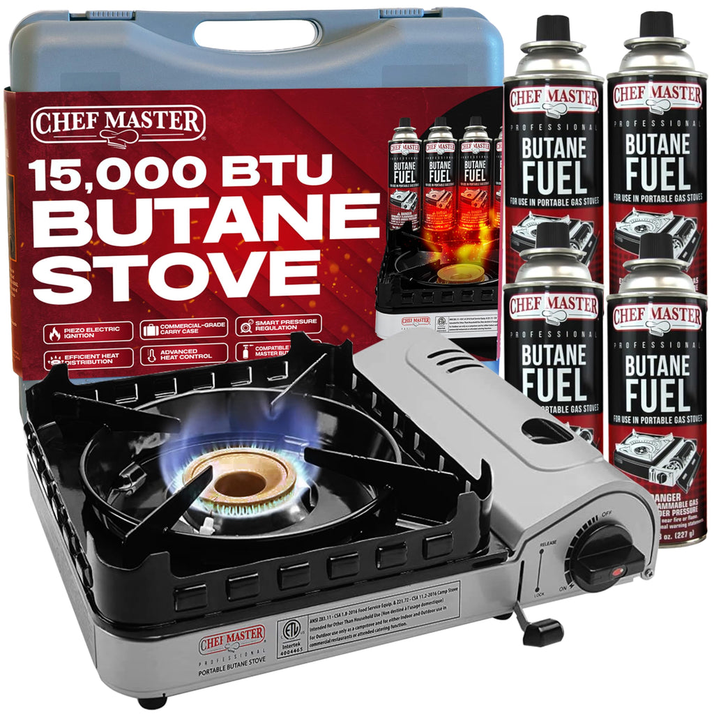 Chef Master 15,000 Btu Butane Portable Camp Stove + 4X 8Oz Butane Canisters | Double Wind-Guard Portable Stove Burner W/Piezo Ig