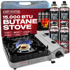 Chef Master 15,000 Btu Butane Portable Camp Stove + 4X 8Oz Butane Canisters | Double Wind-Guard Portable Stove Burner W/Piezo Ig