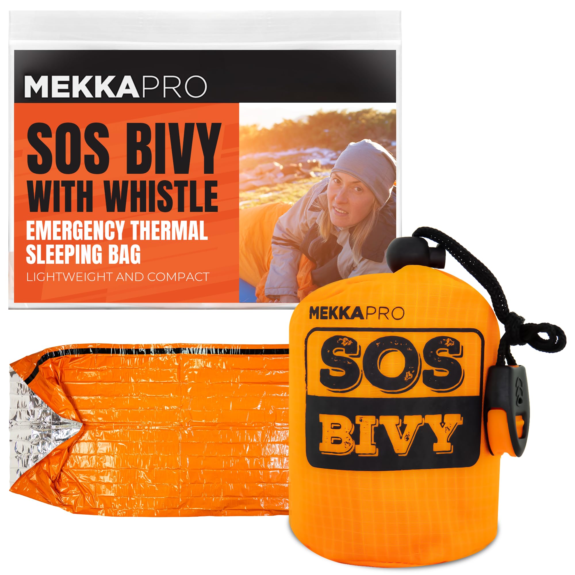 Mekkapro Sos Emergency Thermal Bivy Sleeping Bag With Survival Whistle, Survival Bivvy Sack, Mylar Emergency Blanket