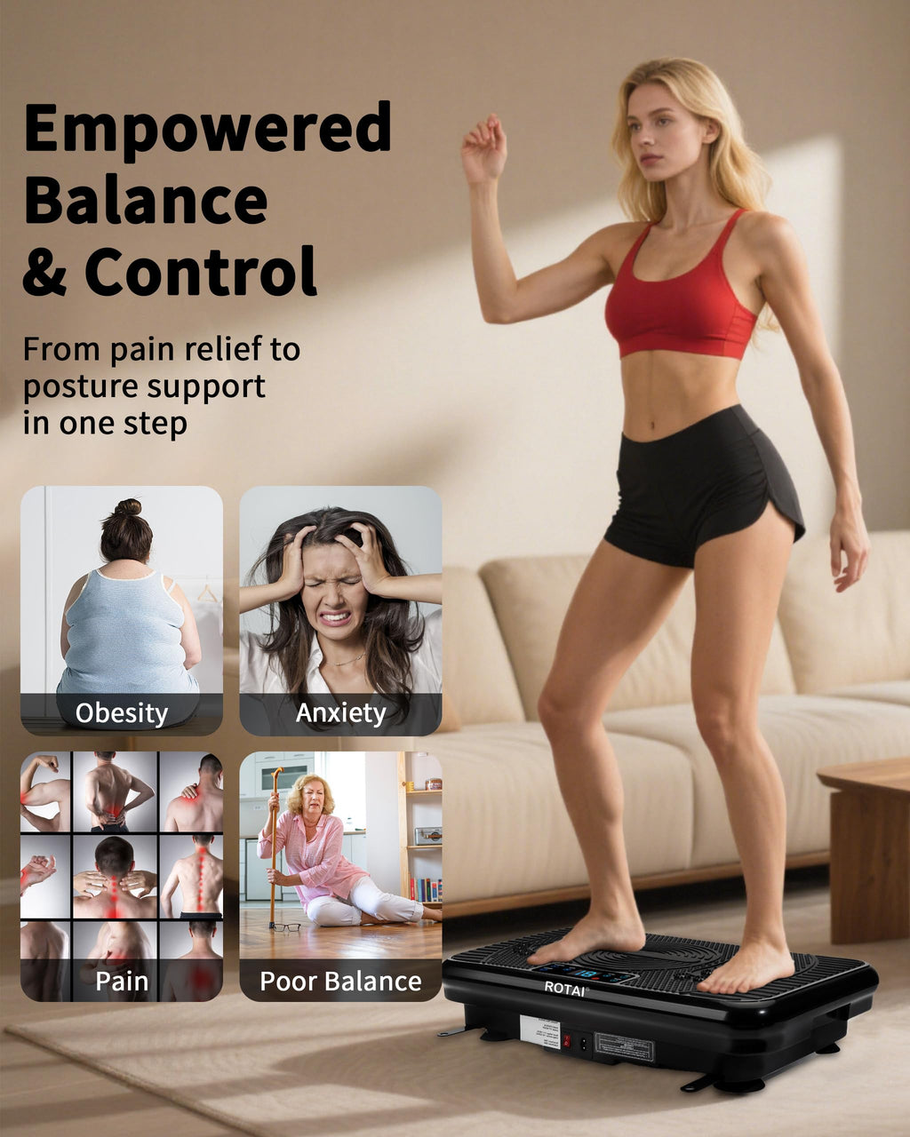ROTAI Vibration Plate Exercise Machine for Lymphatic Drainage Massager & Weight Loss, Shake Plate 400 lbs Capacity, Whole Body V