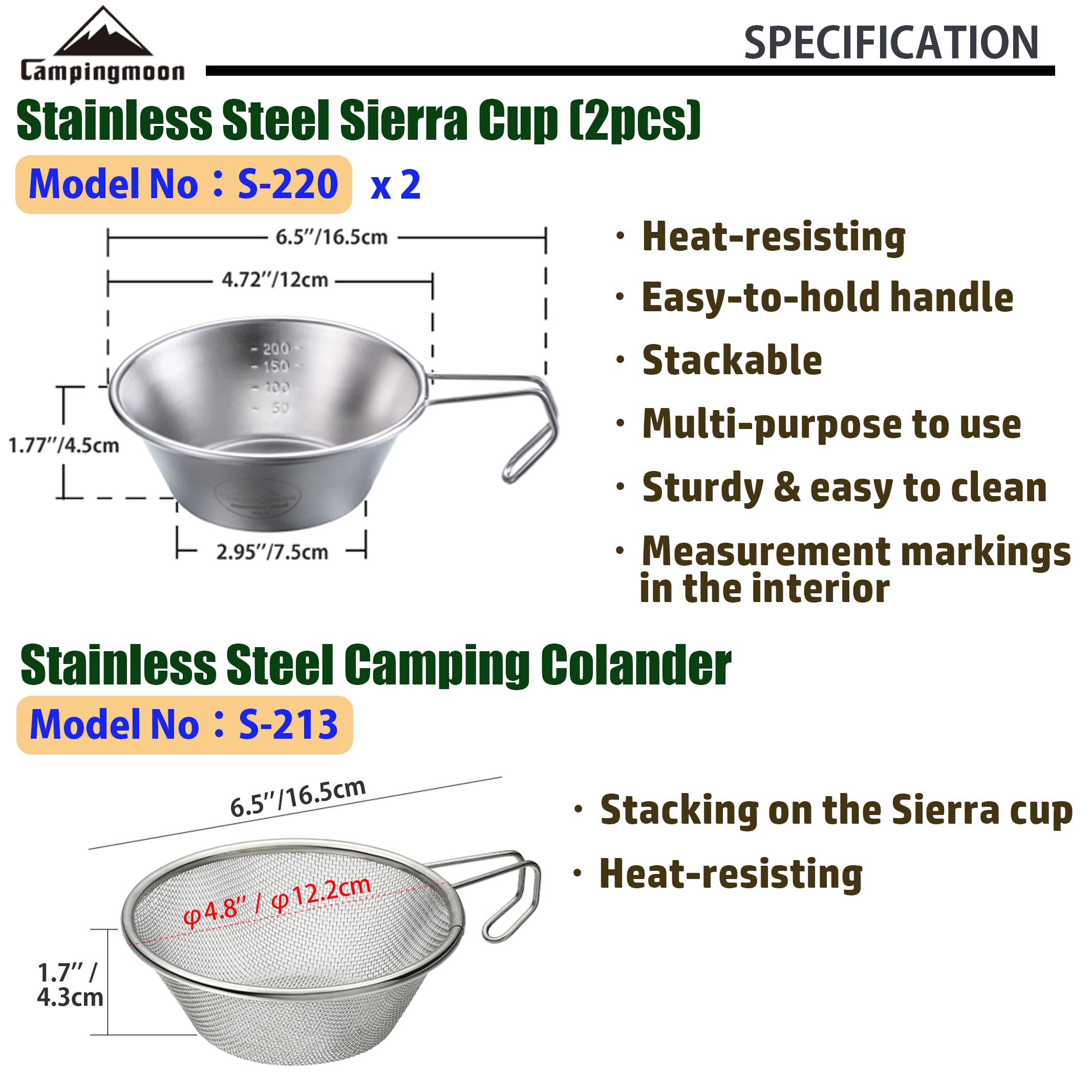 Campingmoon 2Pcs Set Stainless Steel Camping Sierra Cup 310Ml With 1Pc Colander S-220-2P/S-213