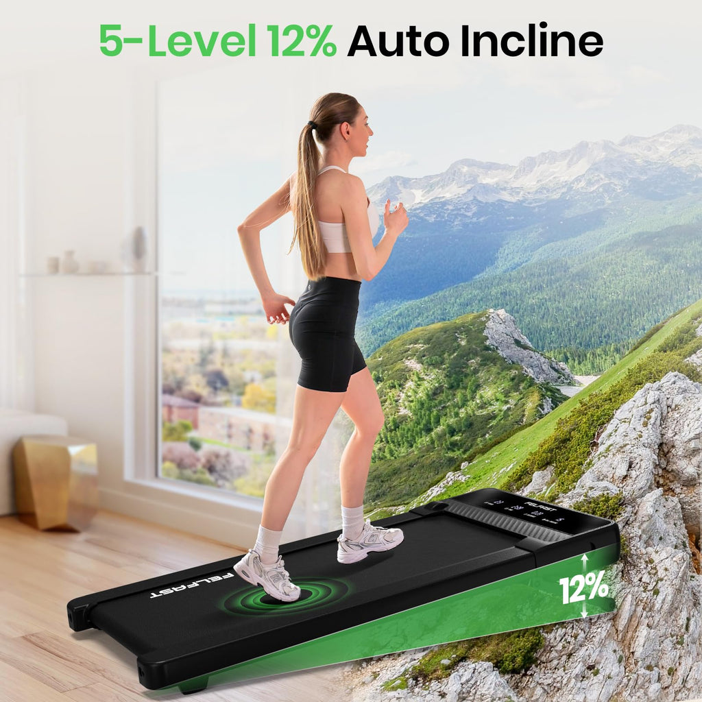 Felfast Walking Pad With 12% 6 Auto Incline, Under Desk Treadmill For Home Office W/Remote Control, 6 Hiit Mode, 265 Lbs Weight
