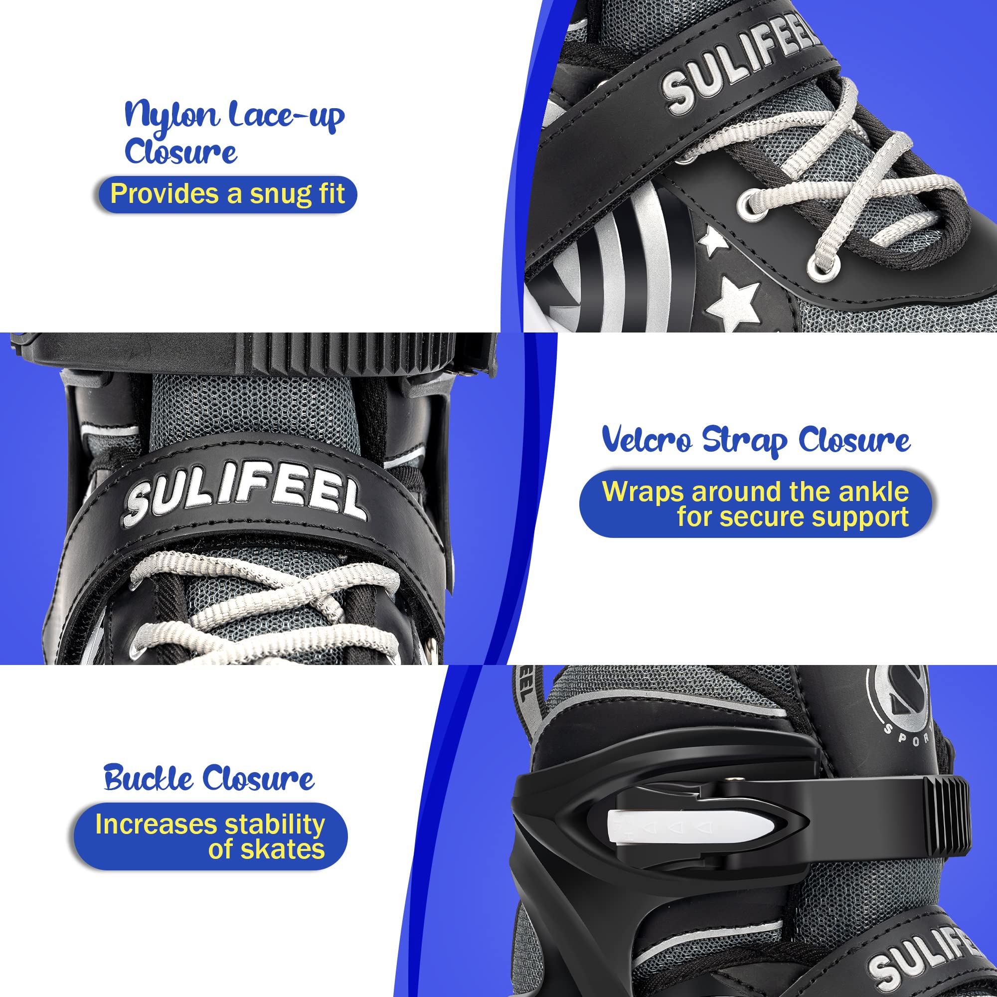 Sulifeel Rainbow Unicorn 4 Size Adjustable Light Up Roller Skates For Girls Boys For Kids (E Black, Large - Youth)