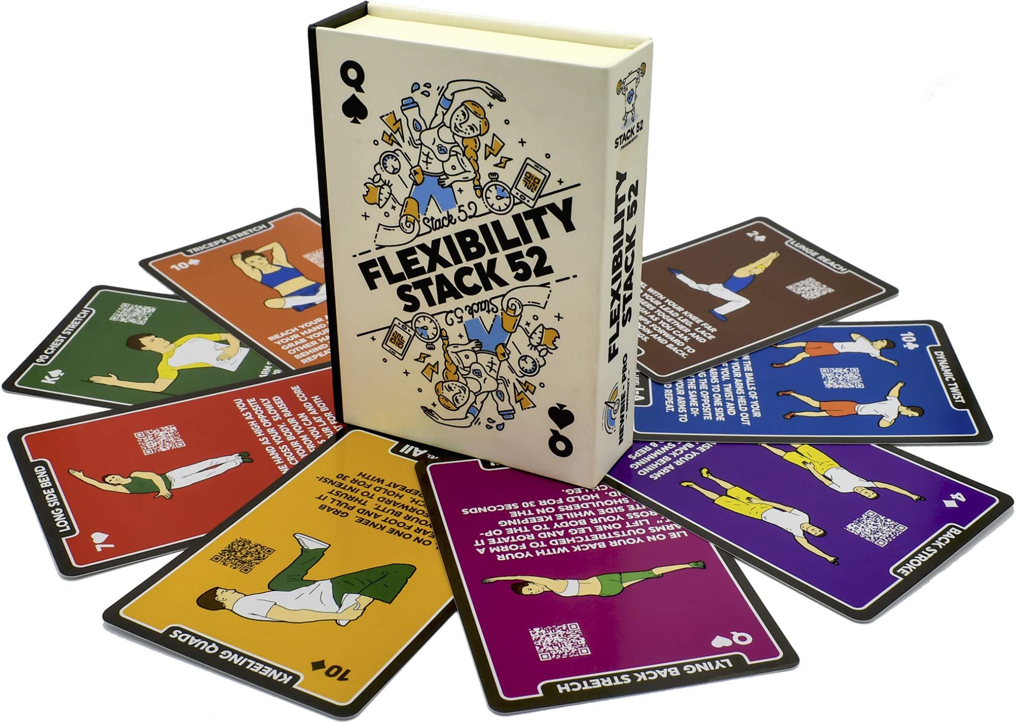 Stack 52 Flexibility Exercise Cards. Learn Static and Dynamic Stretches. Video Instructions Included. Perfect for Workout Warm U