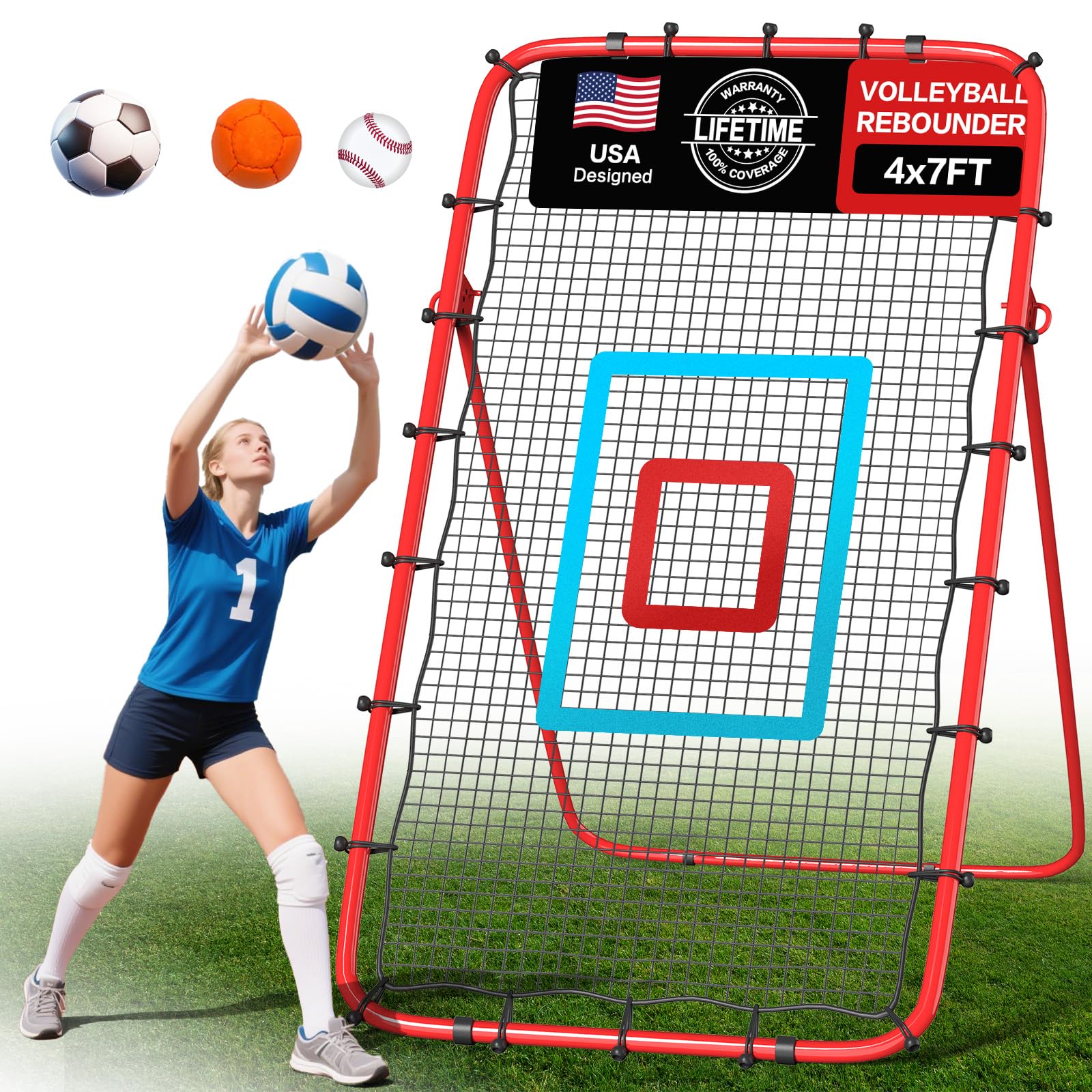 Portable Volleyball Rebounder Net 7x4 Ft, 5-Angle Adjustable Rebounder Net for Practicing Digging, Setting, Spiking, Bounce Back