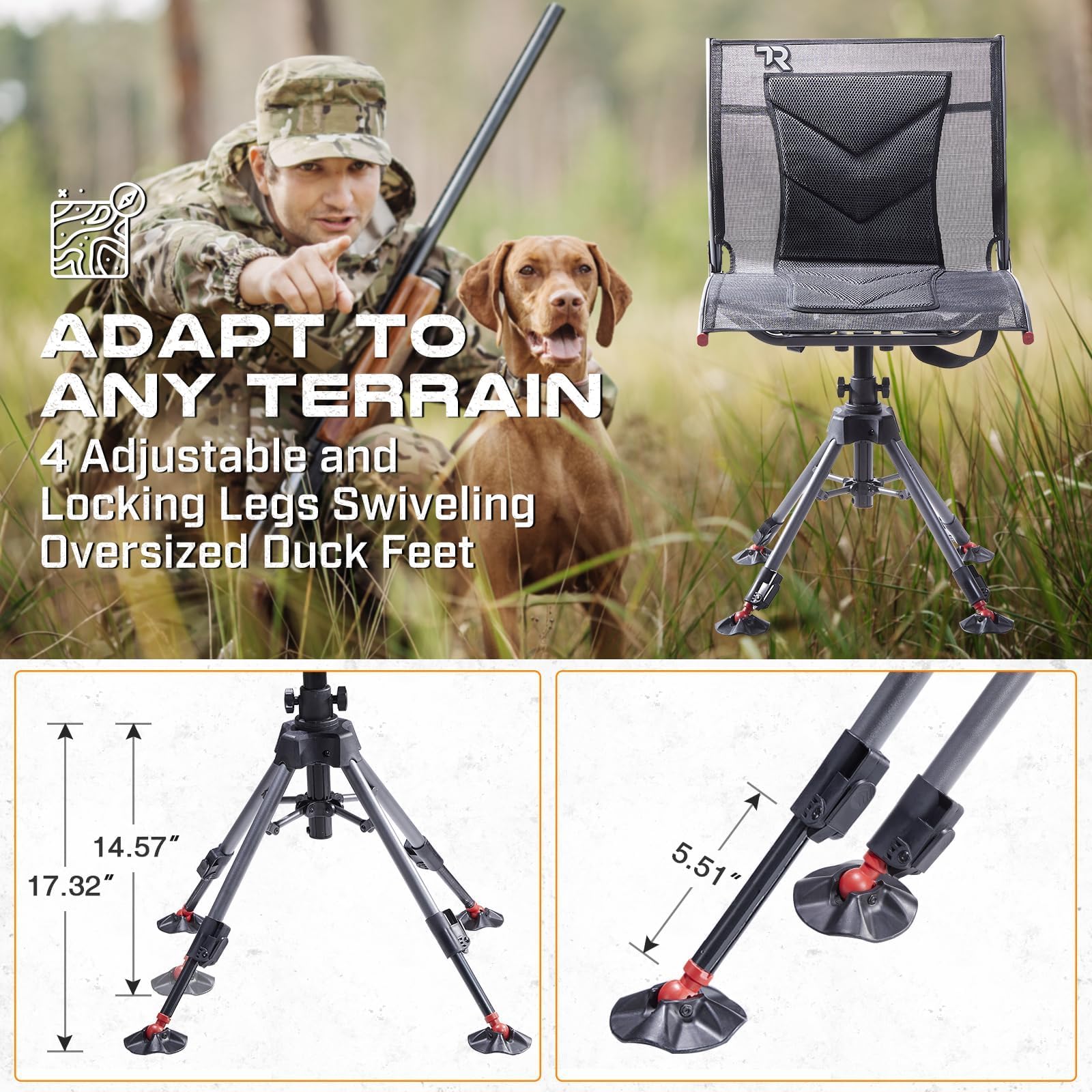 Tr 360 Degree Swivel Hunting Blind Chair,400 Lbs Capacity Silent,4 Legs Height Adjustable,Comfortable Padded Seat,Portable Groun