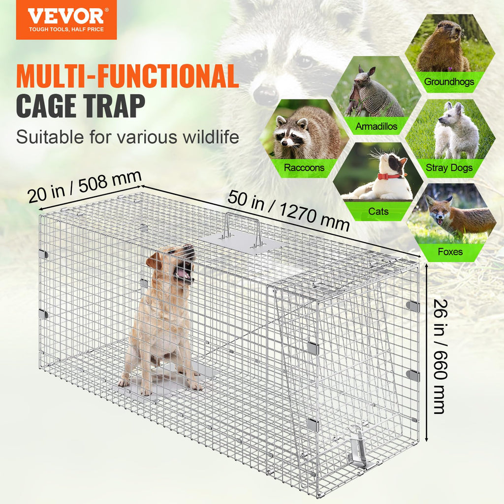Vevor Live Animal Cage Trap, 50'' X 20'' X 26'' Humane Cat Trap Galvanized Iron, Folding Animal Trap With Handle For Stray Dogs,