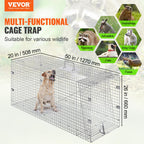 Vevor Live Animal Cage Trap, 50'' X 20'' X 26'' Humane Cat Trap Galvanized Iron, Folding Animal Trap With Handle For Stray Dogs,