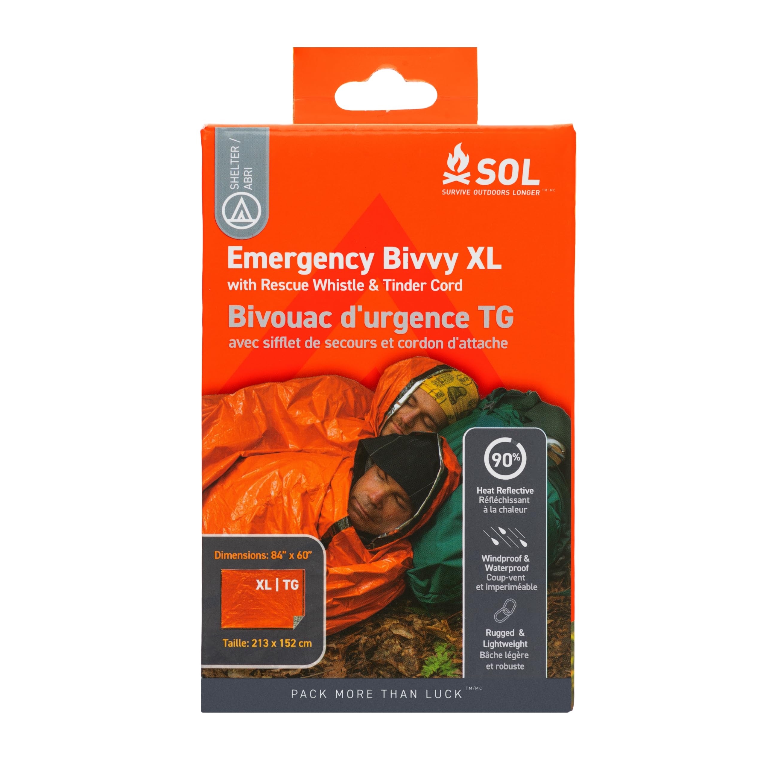 S.O.L. Survive Outdoors Longer Sol Emergency Bivvy Xl W/Rescue Whistle - Reflects Up To 90% Body Heat - Waterproof Emergency Bla