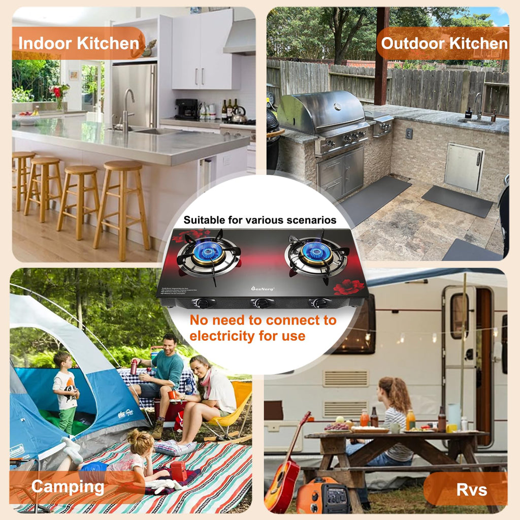 Besnerg Propane Stove 2 Burner Gas Stove, 28800 Btu High-Efficiency Auto Ignition Tempered Glass Lpg Cooktop With Csa Regulator