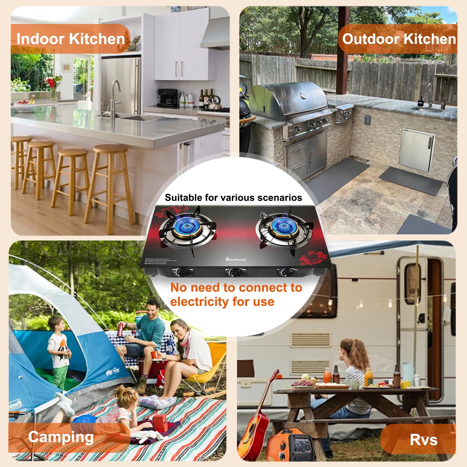 Besnerg Propane Stove 2 Burner Gas Stove, 28800 Btu High-Efficiency Auto Ignition Tempered Glass Lpg Cooktop With Csa Regulator