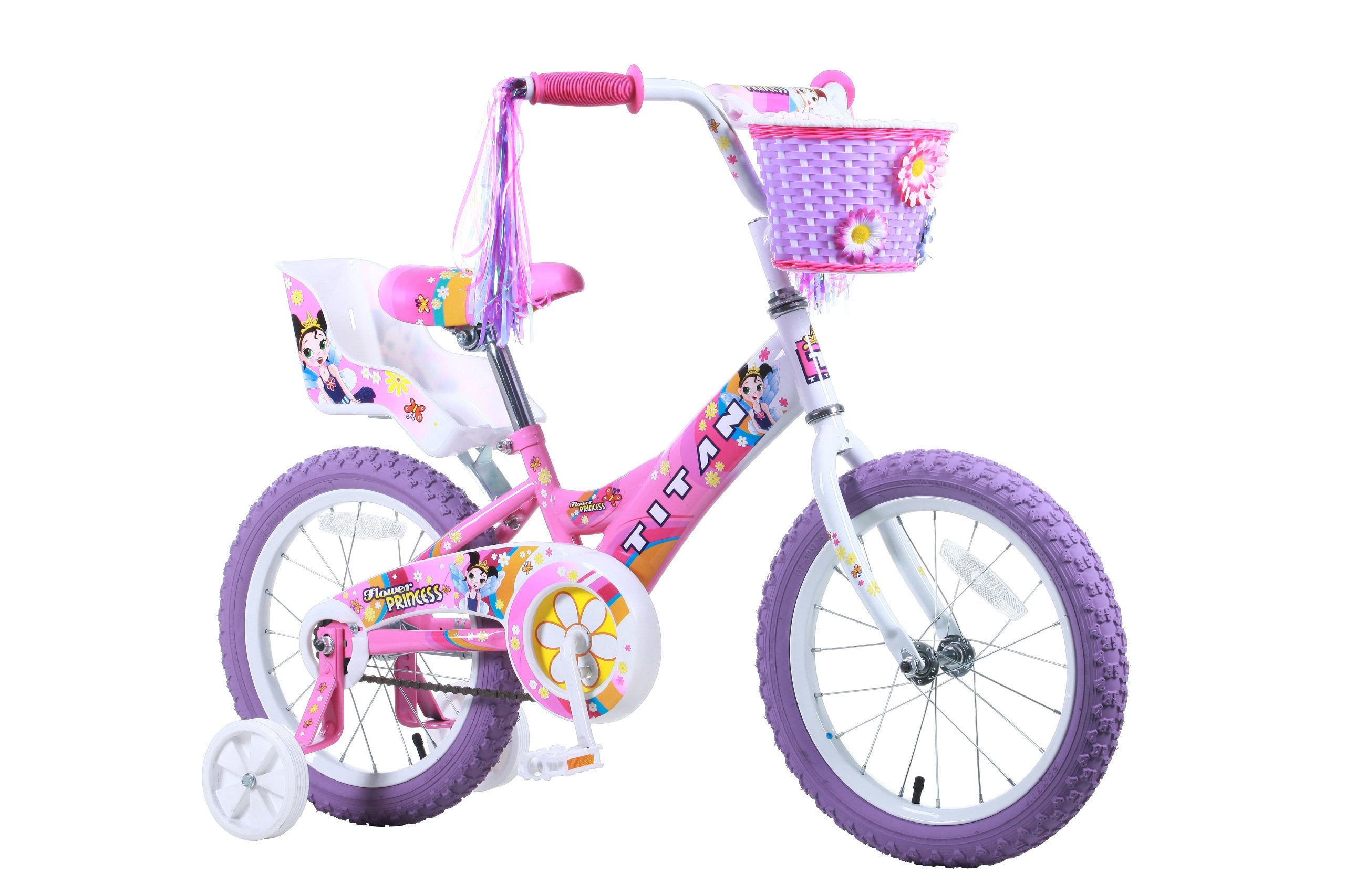 Titan Girl'S Flower Princess Bmx Bike For 4-9 Years Girls With Training Wheels 16 Inch Kids Toddler Bicycle With Utility Basket 