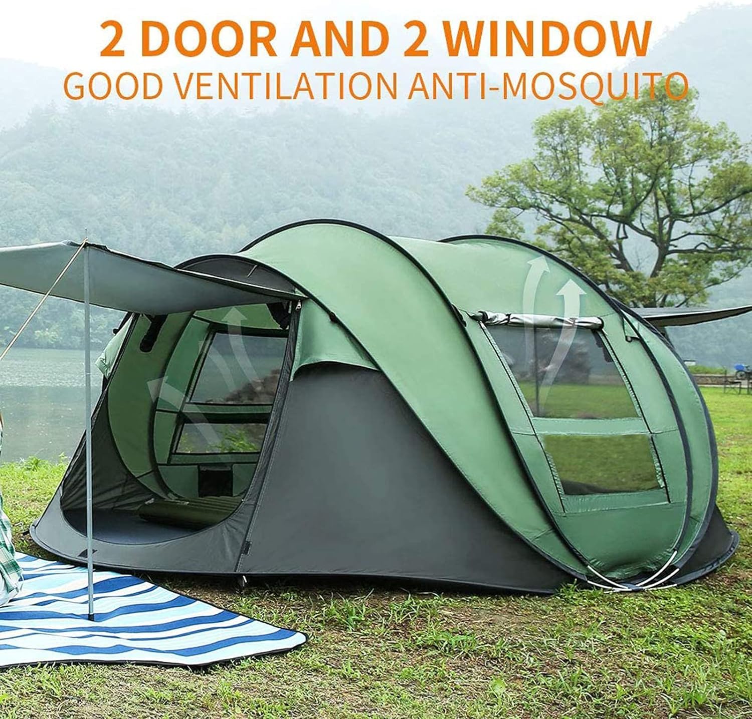 Hewolf 3-4 Person Pop Up Tents For Camping Easy Set Up Pop Up Tent Waterproof Portable Tent Automatic Setup With 2 Bigs Doors Fa