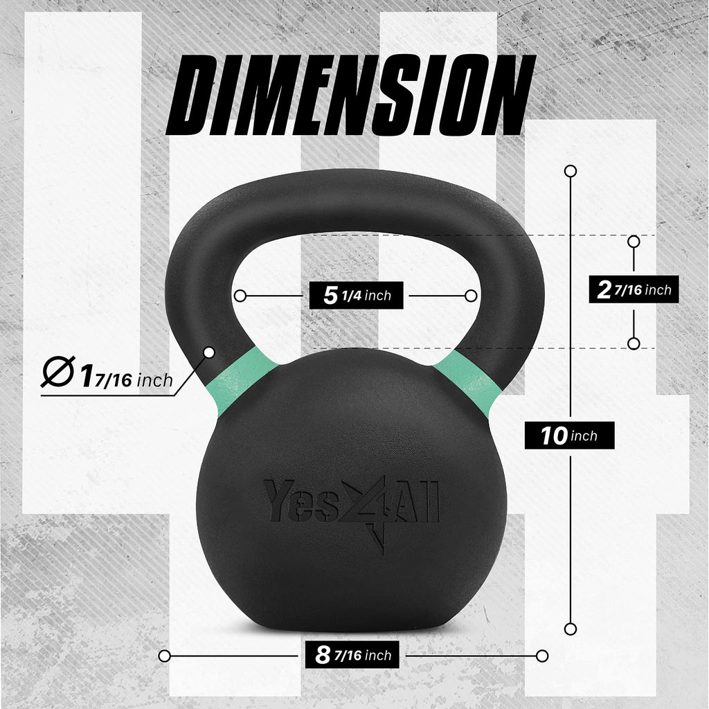 Yes4All Color Code Cast Iron Powder Coated Kettlebell With Large Handle & Flat Base, H - Green - 20 Kg / 44 Lb