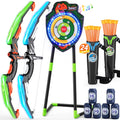 HYES 2 Pack Kids Bow and Arrow, LED Light Up Archery Set with 24 Suction Cup Arrows, Indoor Outdoor Sport Dinosaur Toys Gifts fo