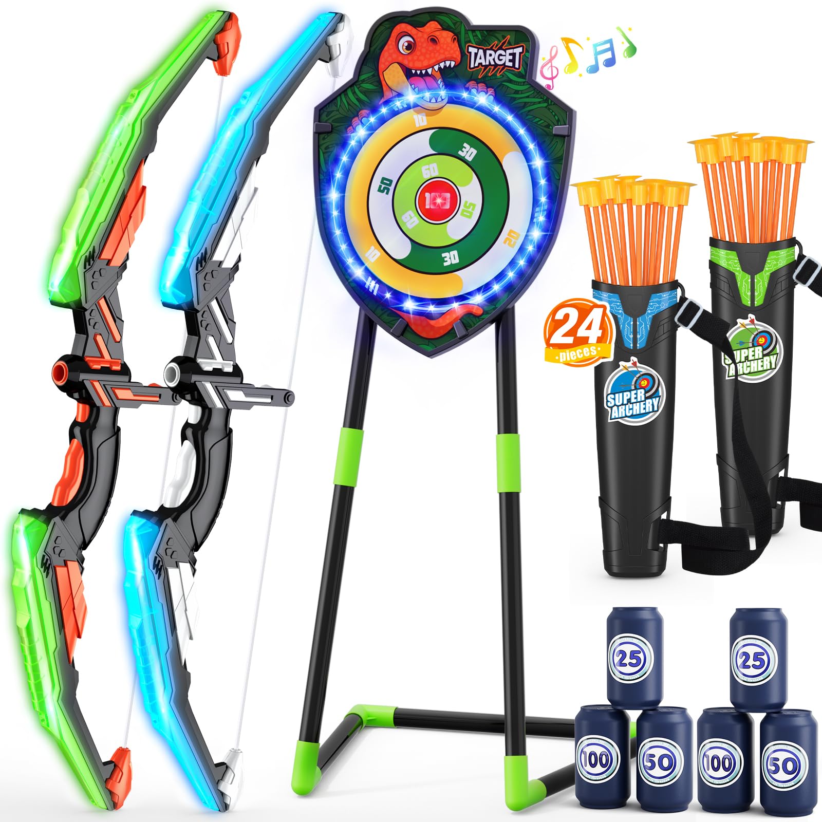 HYES 2 Pack Kids Bow and Arrow, LED Light Up Archery Set with 24 Suction Cup Arrows, Indoor Outdoor Sport Dinosaur Toys Gifts fo