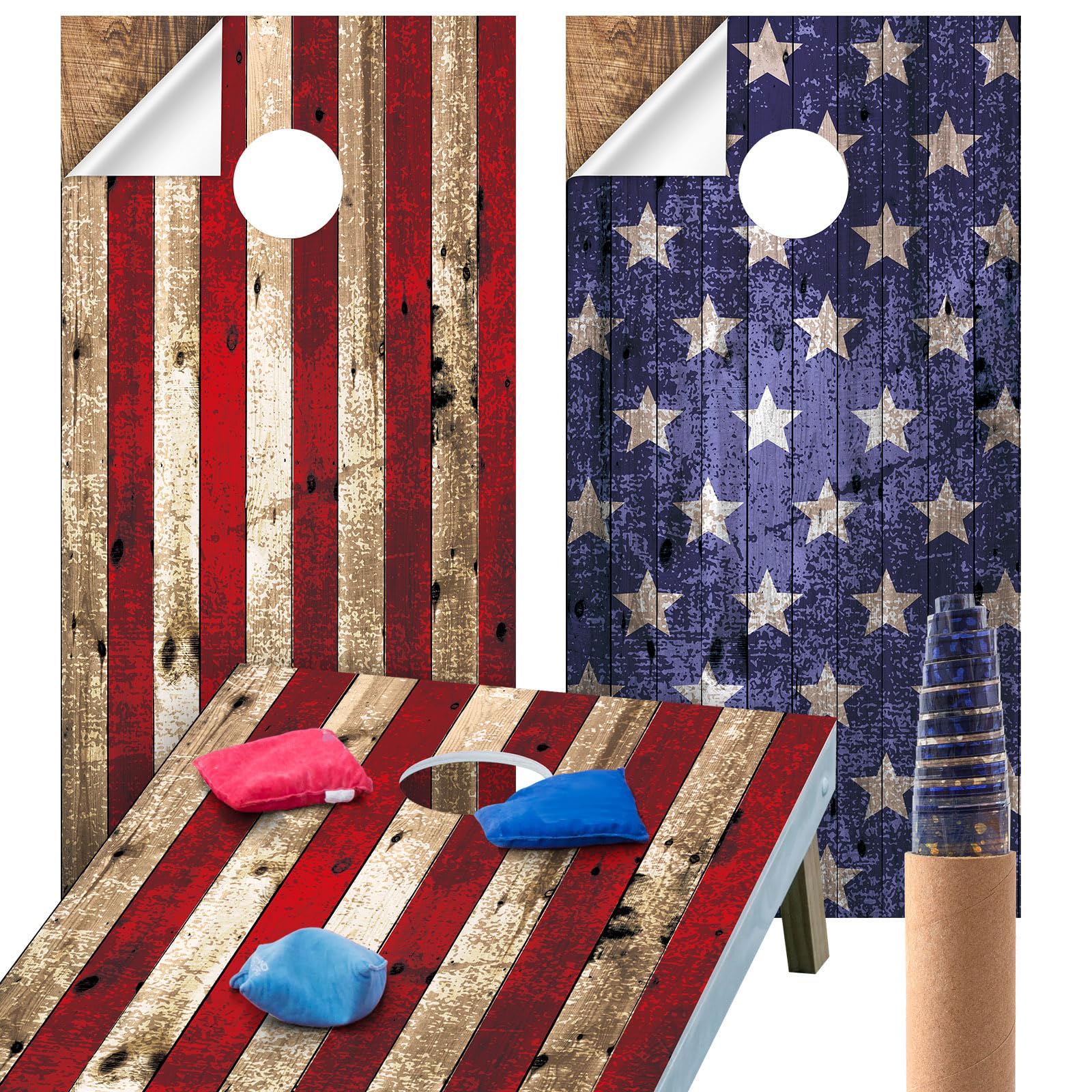 Feifeiya 2 Pcs Patriotic Cornhole Wraps for Boards 24.5  x 48.5  Vinyl Patriotic Cornhole Games Board Decals Wraps Game Bean Bag