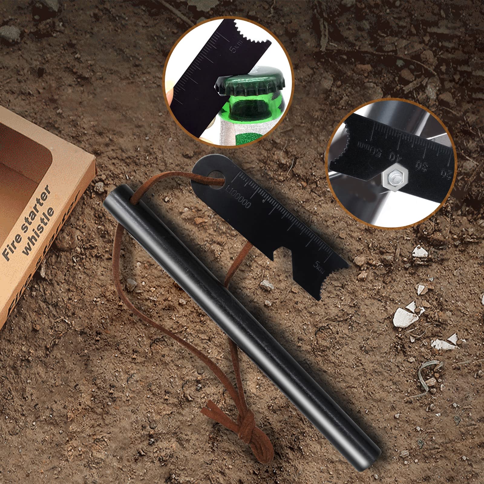 Bcharya Fire Starter Survival Tool, Ferro Rod Kit With Leather Neck Lanyard And Multi-Tool Striker, Flint And Steel Survival Ign