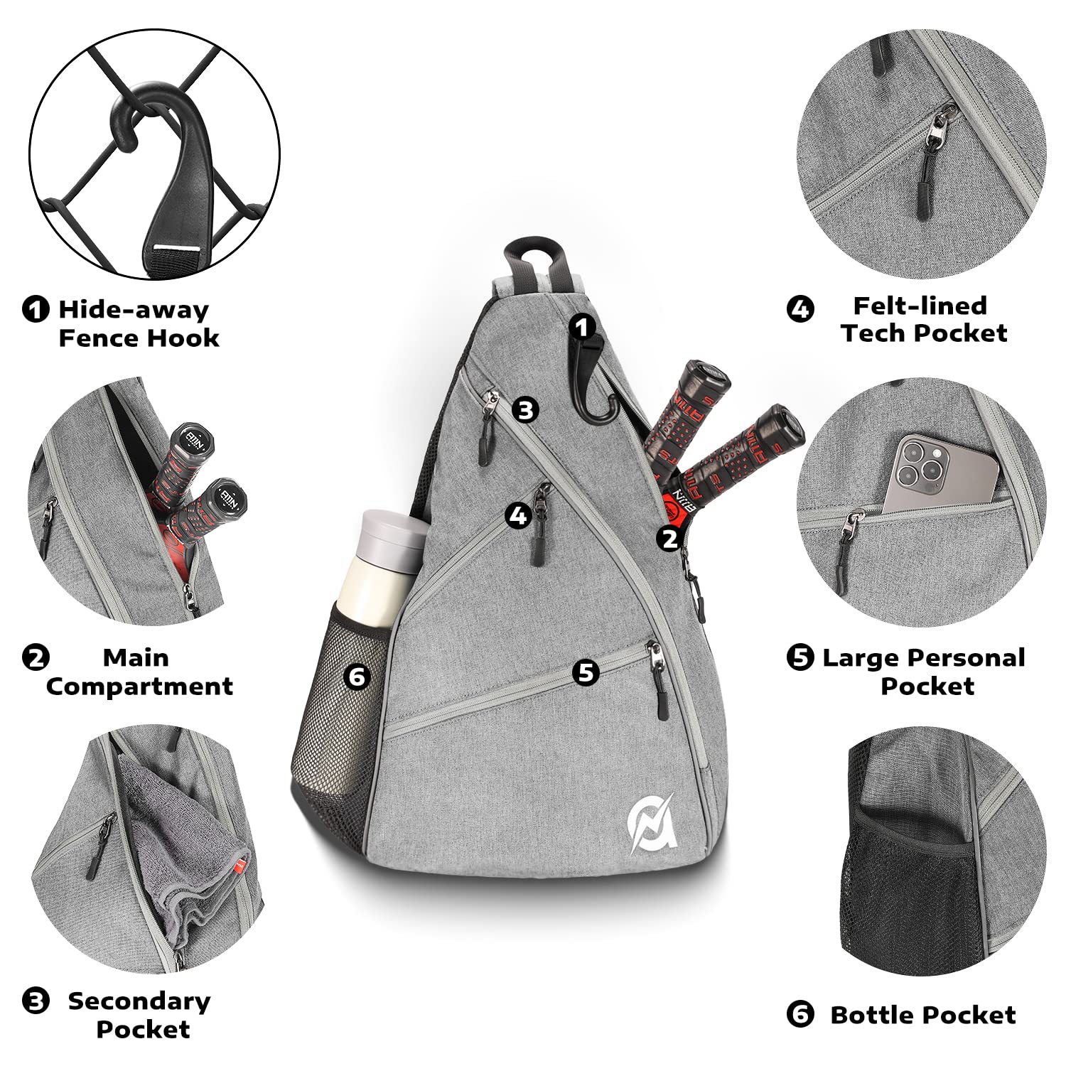 A11N Pickleball Bag, Reversible Crossbody Sling Bag/Backpack For Women Men, Charcoal