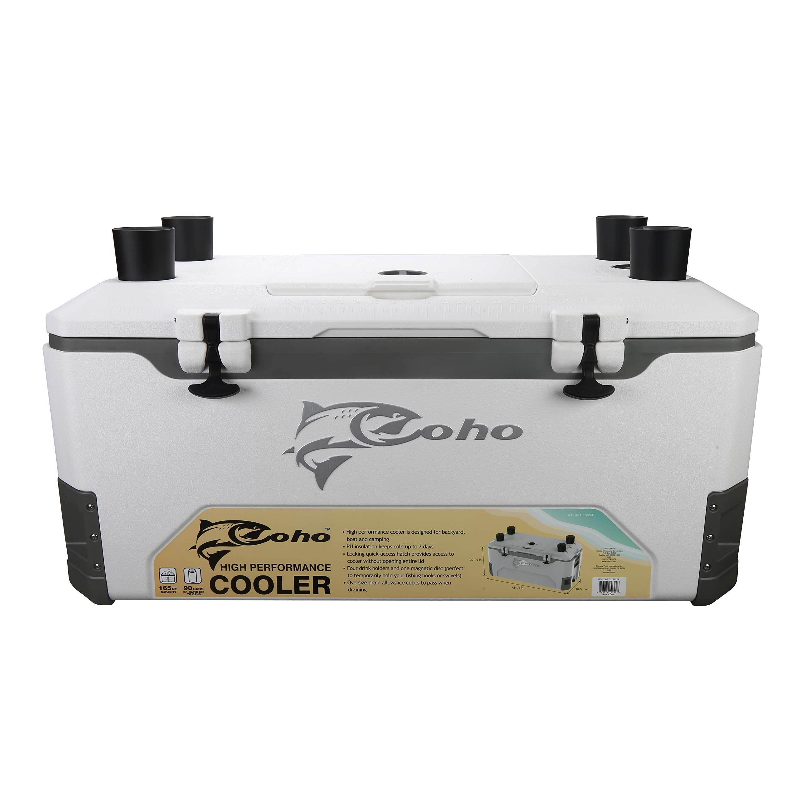 Coho 165Qt Insulated Hard Cooler With Fish Ruler, Removable Cup Holders, Magnetic Disc & Tie-Down Loops, Ice Chest For Camping,