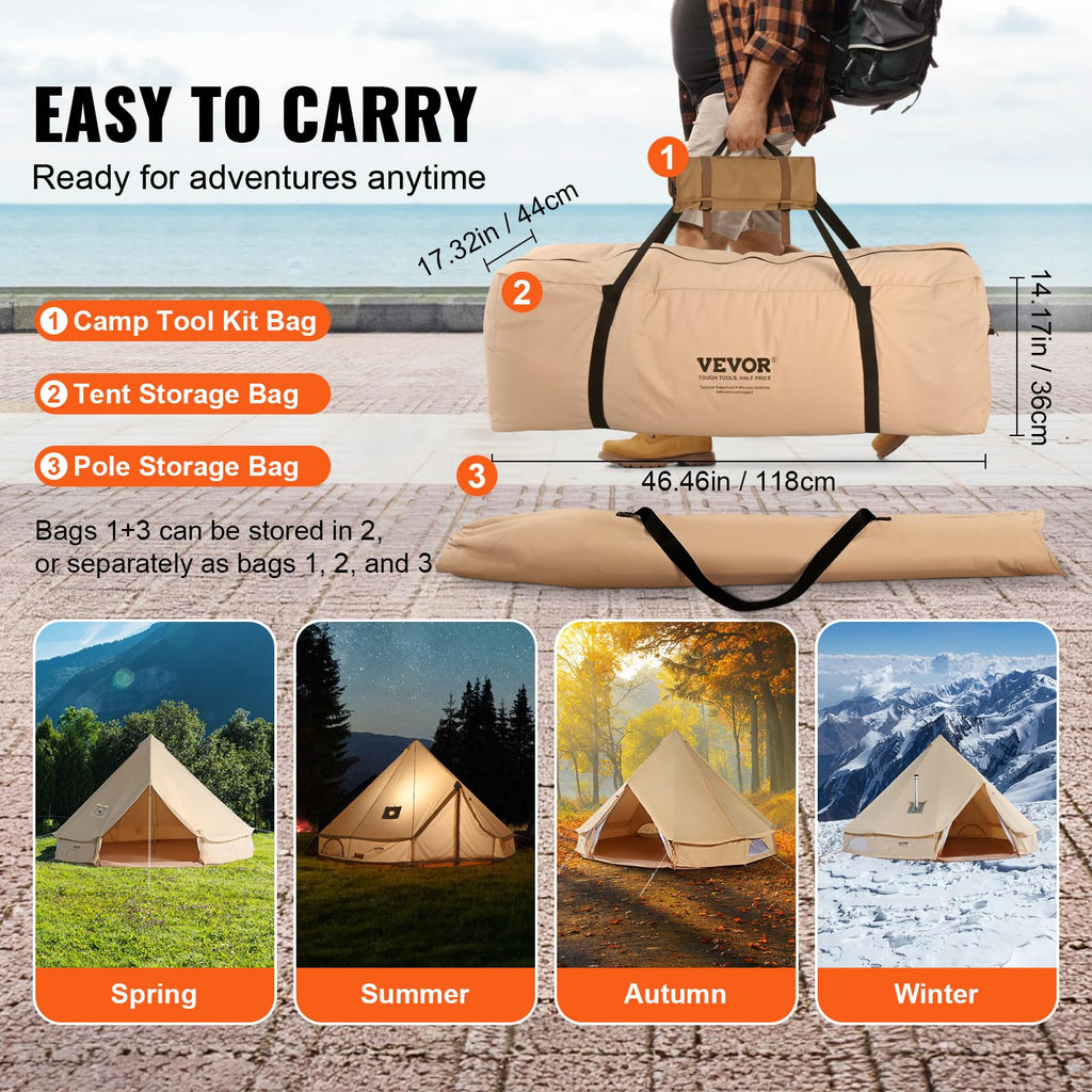 Vevor Canvas Bell Tent, Yurt Tents 4 Seasons 7 M/22.97 Ft, Canvas Tents For Camping With Stove Jack Holds Up To 12 People, Famil