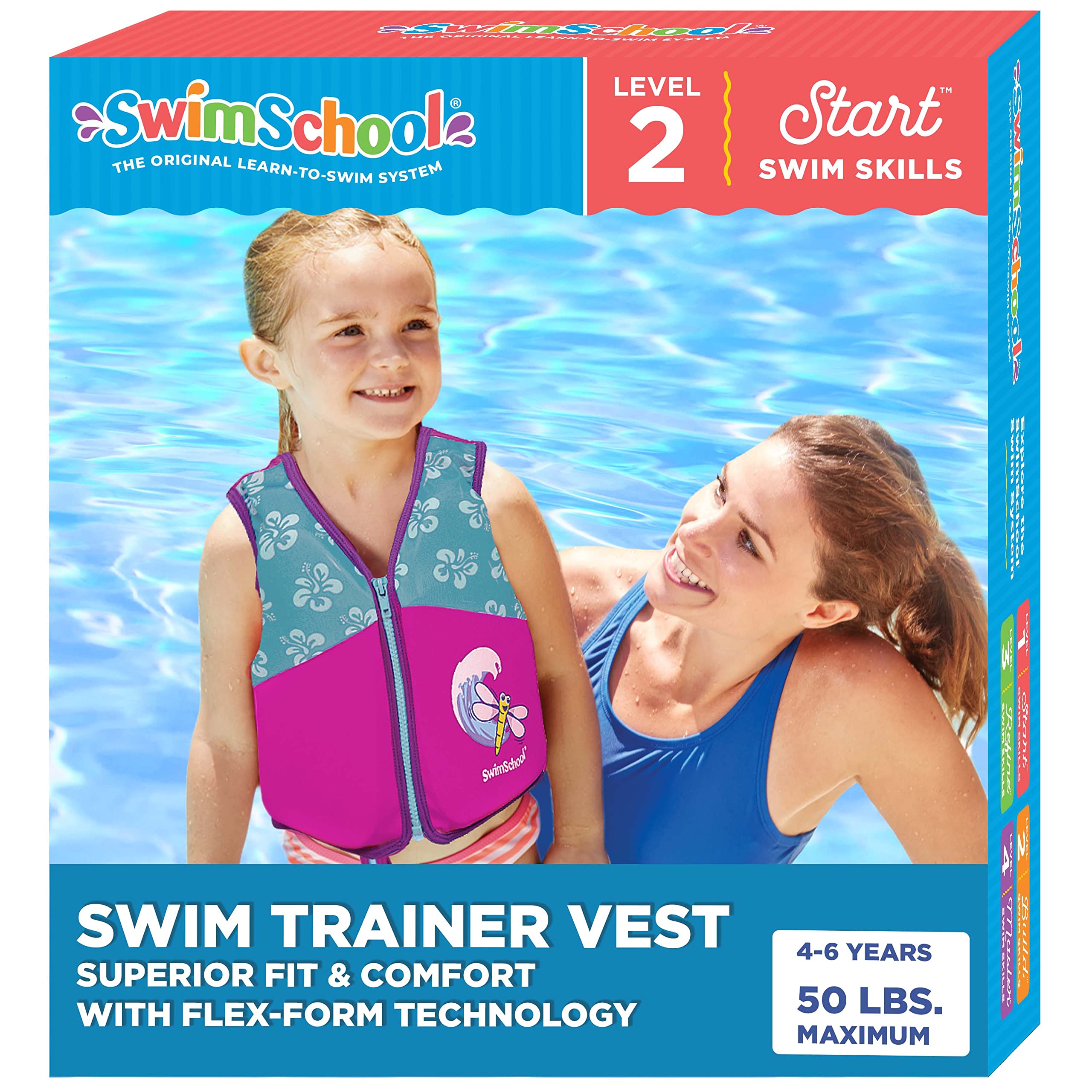 Swimschool Swim Trainer Vest - Medium/Large Max 50 Pounds - Kids Swim Vest With Padded Shoulders -Comfortable Flex-Form-Fit Desi