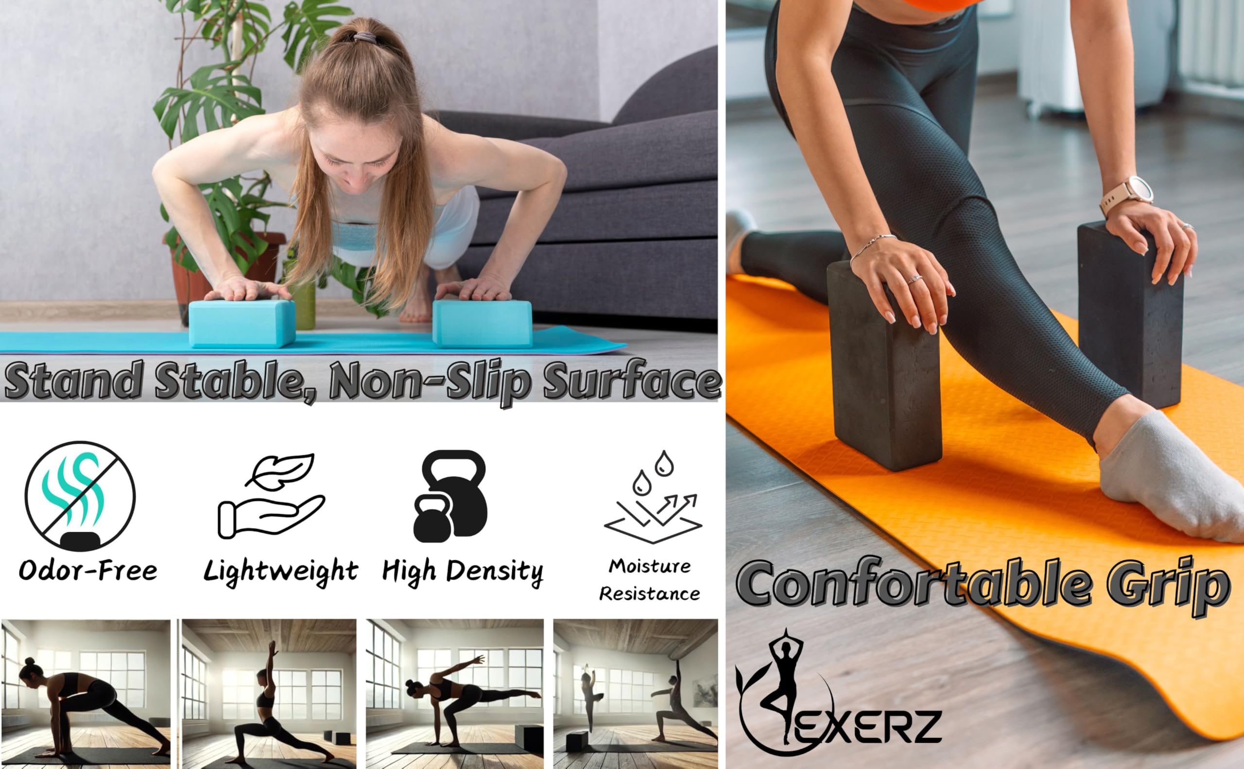Exerz Yoga Blocks 2Pcs Gym Bricks High Density Eva Foam 9 X 6 X 3 Inches