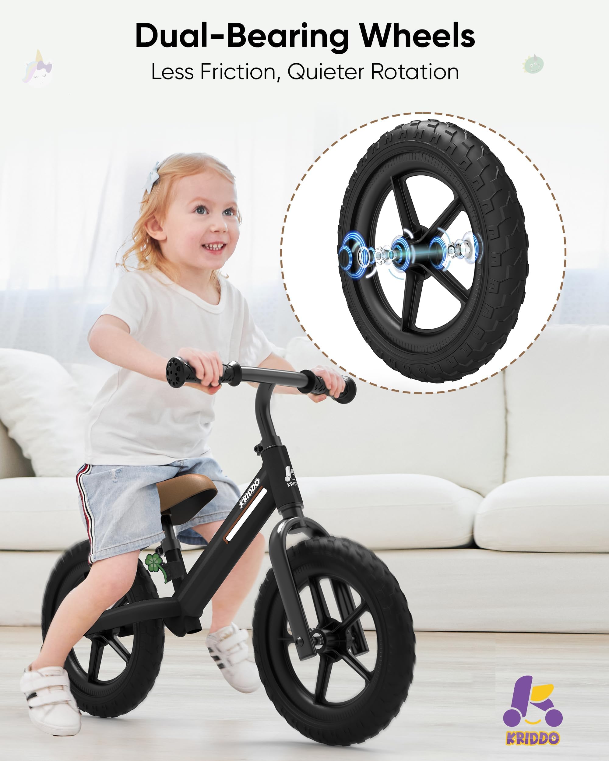 Kriddo Toddler Balance Bike 2 Year Old, Kids Balance Bike For 2-5 Years Old, Dual Bearing For Smoother Riding, Adorable Plate, A
