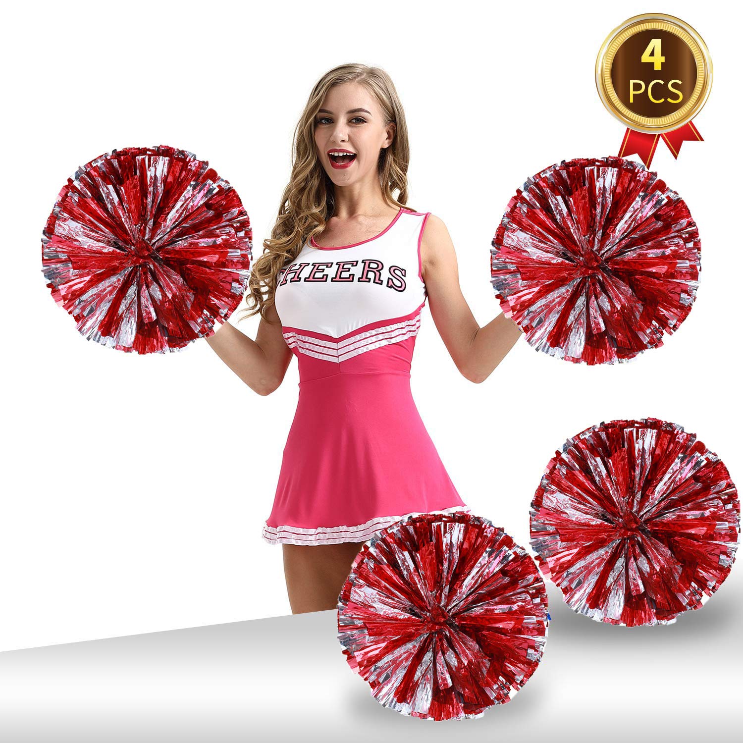 Pack Of 4 Cheerleading Pom Poms Foil Plastic Metallic Cheerleader Pom Poms For Cheer Sport Kids Adults Team Spirit Cheering (Red