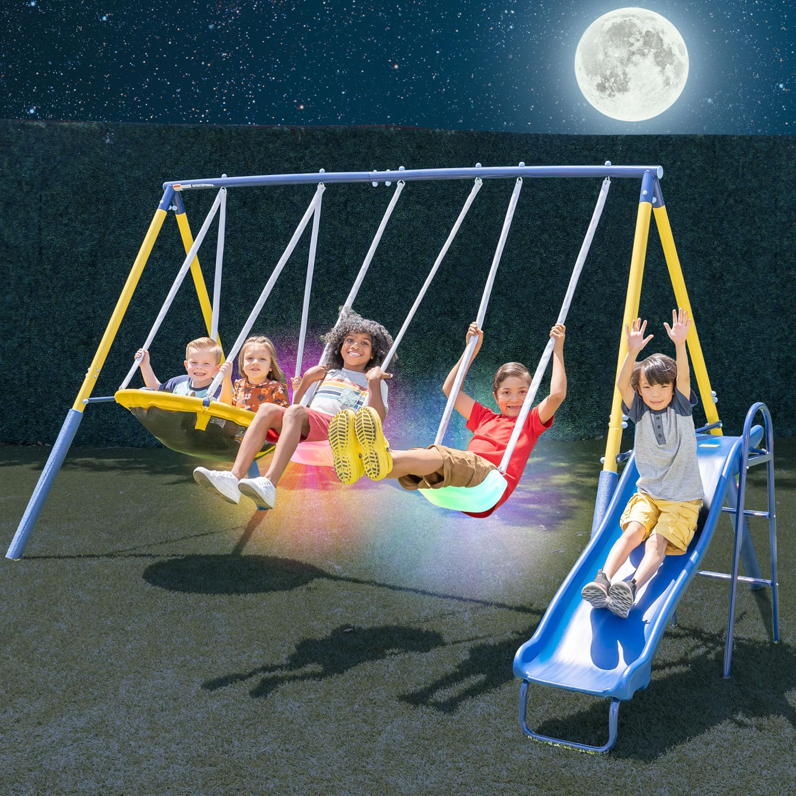 Sportspower Starlight Metal Swing Set with LED Swings, 2-Person Saucer Swing & 5ft Slide, Outdoor Kids Playset with Safe Design 