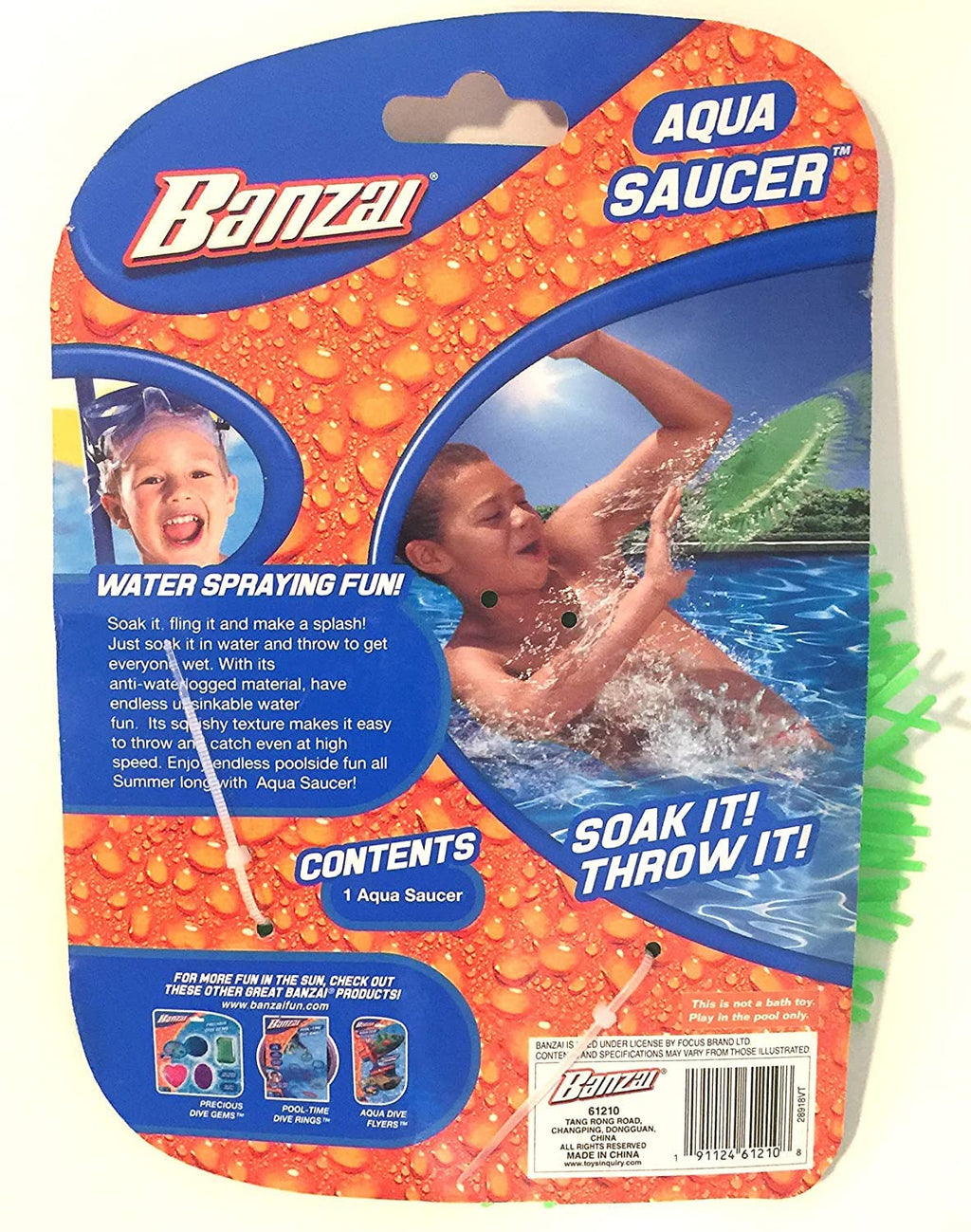 Banzai Green Aqua Saucer Pool Toy 5'' Disk (Soak It And Throw It)
