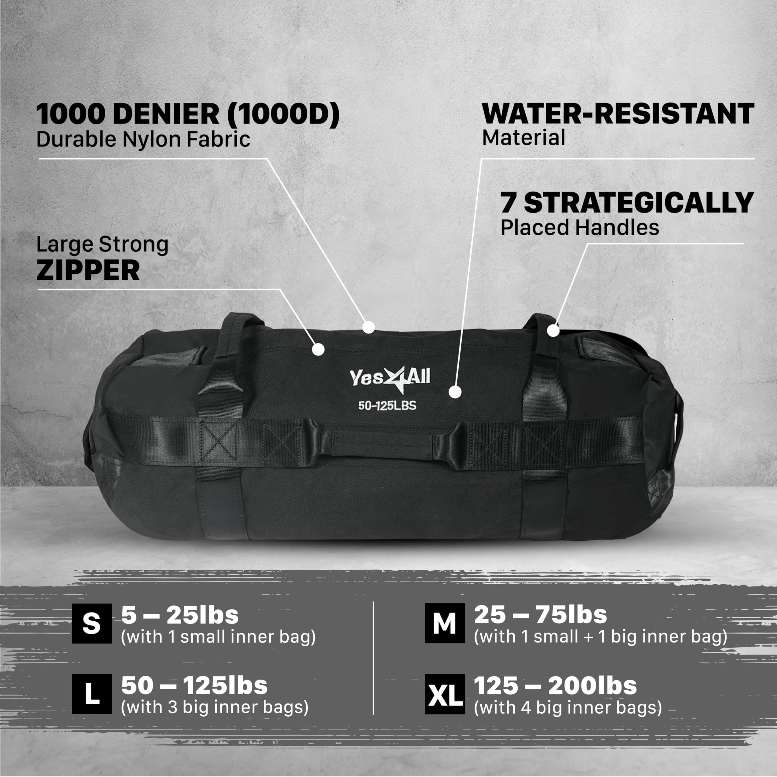 Yes4All Sandbag Weights/Weighted Bags - Sandbags For Fitness, Conditioning With Adjustable Weights (Black - L)