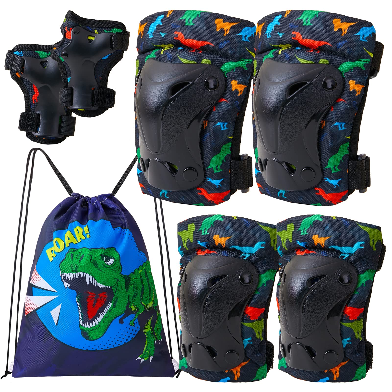FIODAY Knee Pads for Kids Dinosaur Knee Elbow Pads Wrist Guards with Drawstring Bag Adjustable 7 in 1 Protective Gear Set for Bo