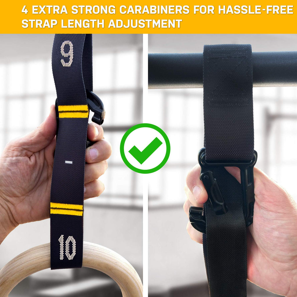 Double Circle Quick Adjust Numbered Straps For Gymnastic Rings - Carabiner System And Exercise Video Guide For Full Body Workout