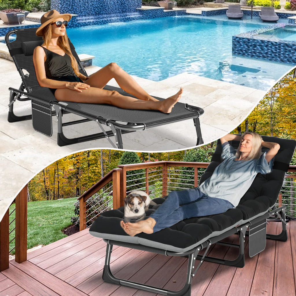 Lilypelle Portable Folding Cot Bed, Adjustable 6-Position Adults Reclining Chaise With Pillow, Outdoor Portable Lounge Chair Sle