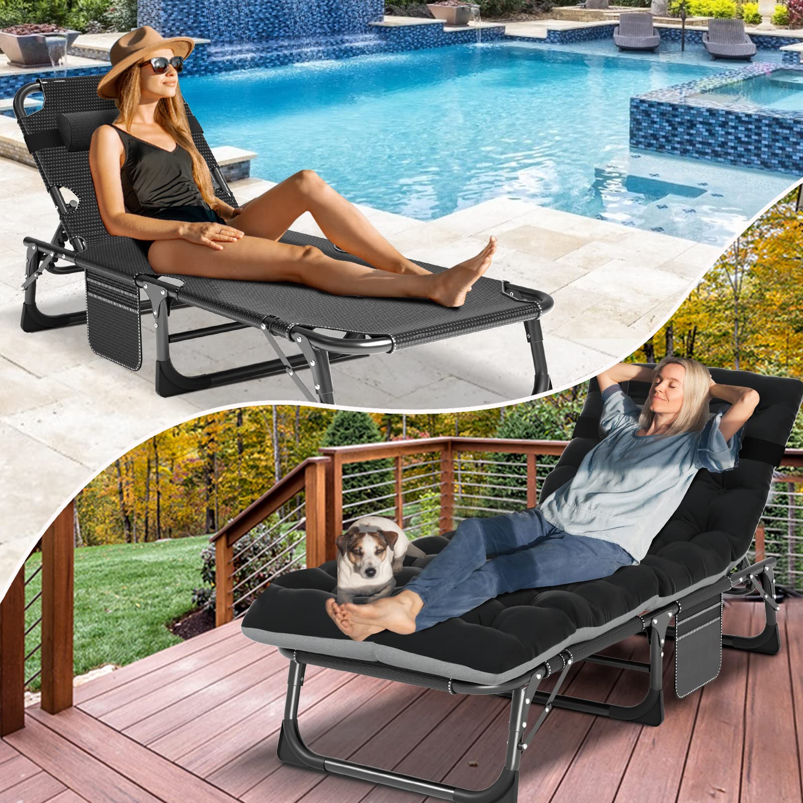 Lilypelle Portable Folding Cot Bed, Adjustable 6-Position Adults Reclining Chaise With Pillow, Outdoor Portable Lounge Chair Sle