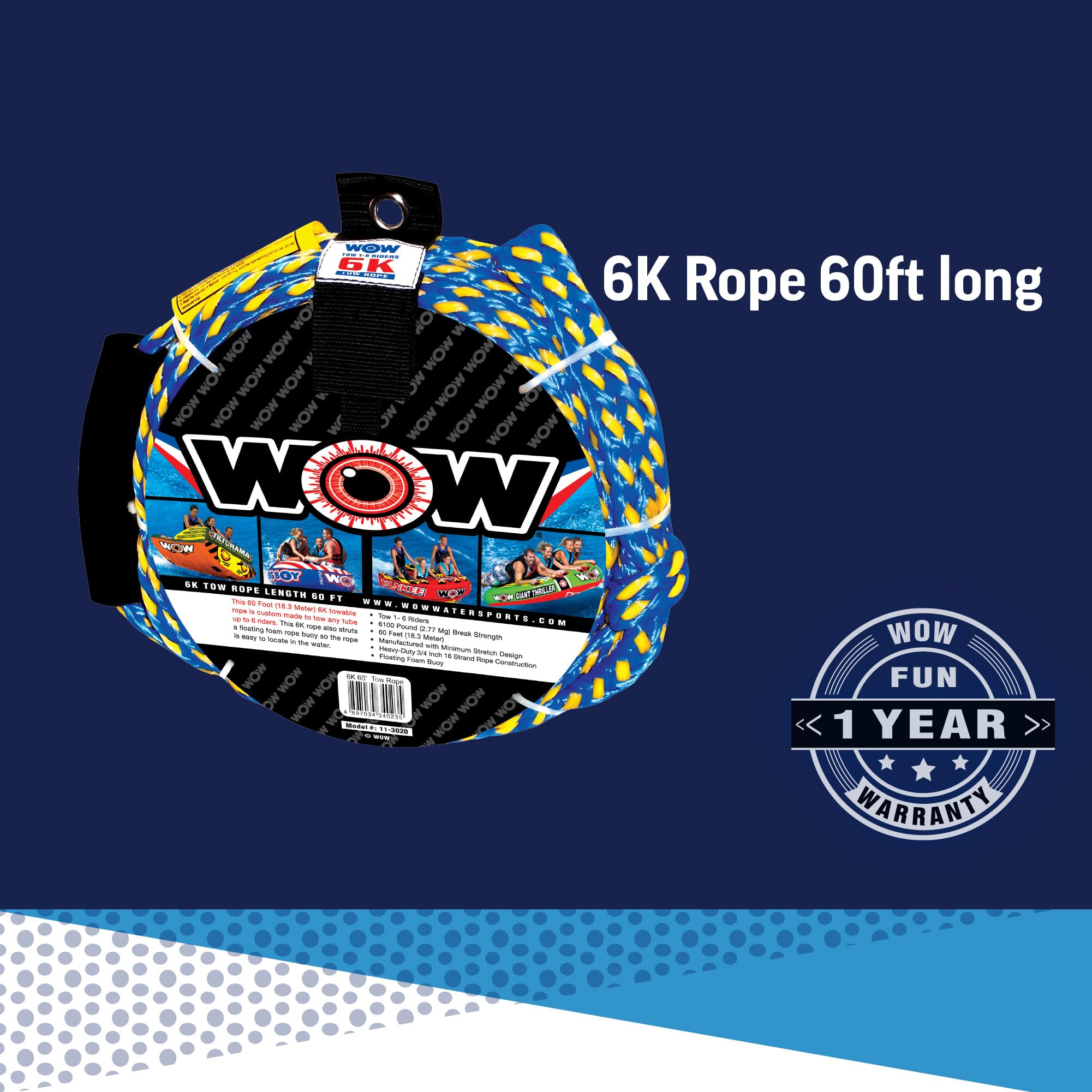 Wow Sports 6K 60 Ft. Tow Rope With Floating Foam Buoy 1 2 3 Or 4 Person Tow Rope For Boating, 11-3020