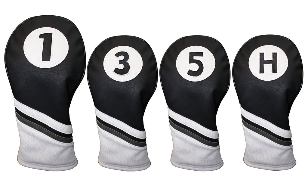Majek Golf Headcovers Black And White Leather Style 1, 3, 5, H Driver Hybrid And Fairway Head Covers Fits 460Cc Drivers