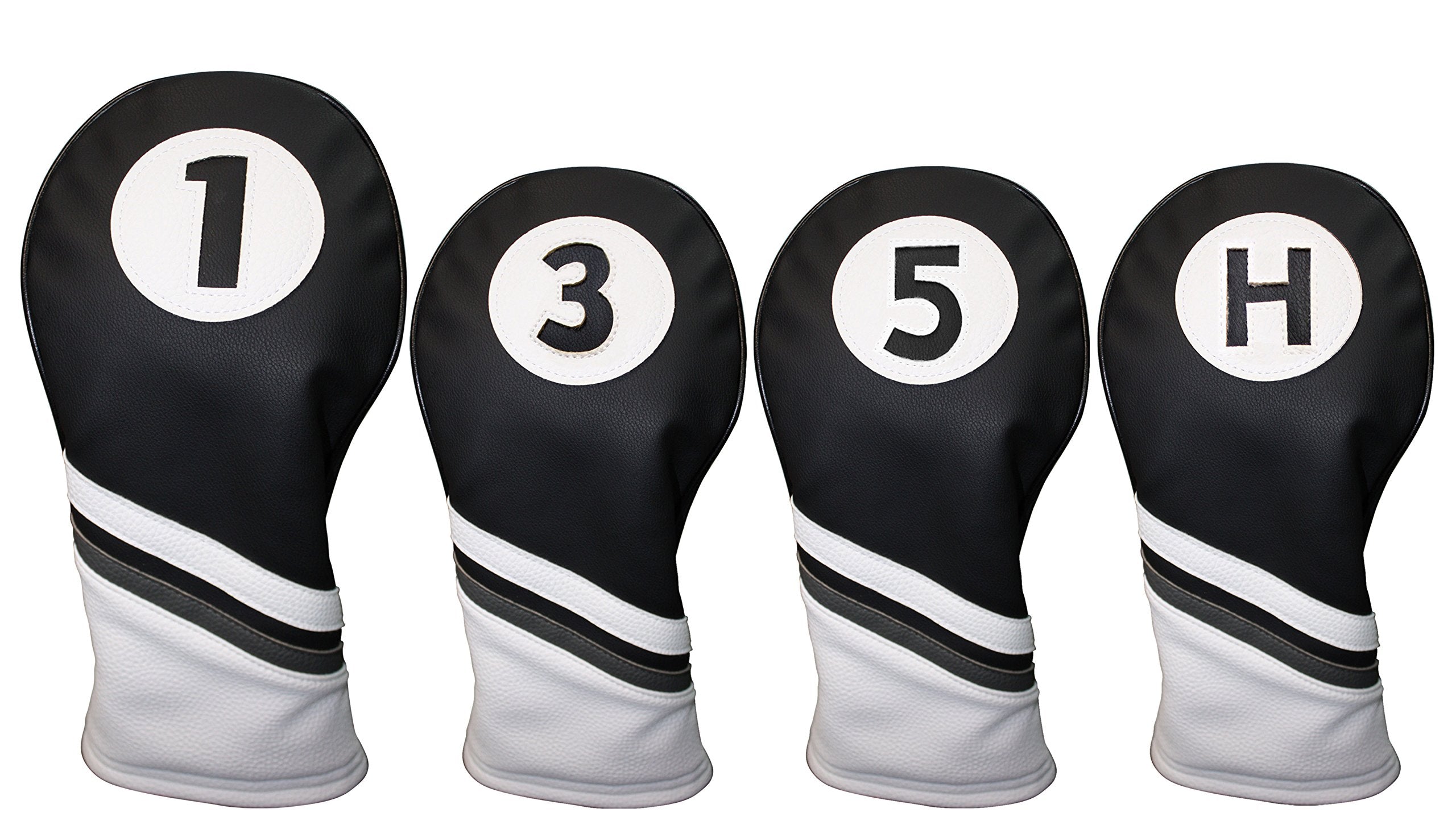 Majek Golf Headcovers Black And White Leather Style 1, 3, 5, H Driver Hybrid And Fairway Head Covers Fits 460Cc Drivers