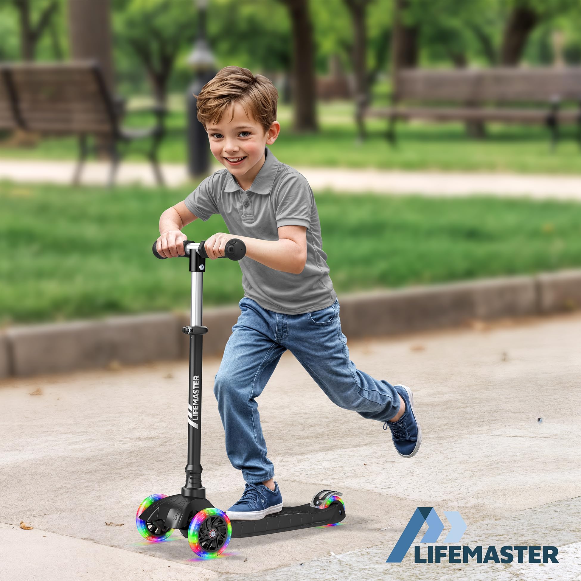 Lifemaster Mini 3-Wheel Kids Scooter with Multi-Color Wheel Lights - 4-Height Adjustable Handlebar, Wide Anti-Slip Deck, Child S