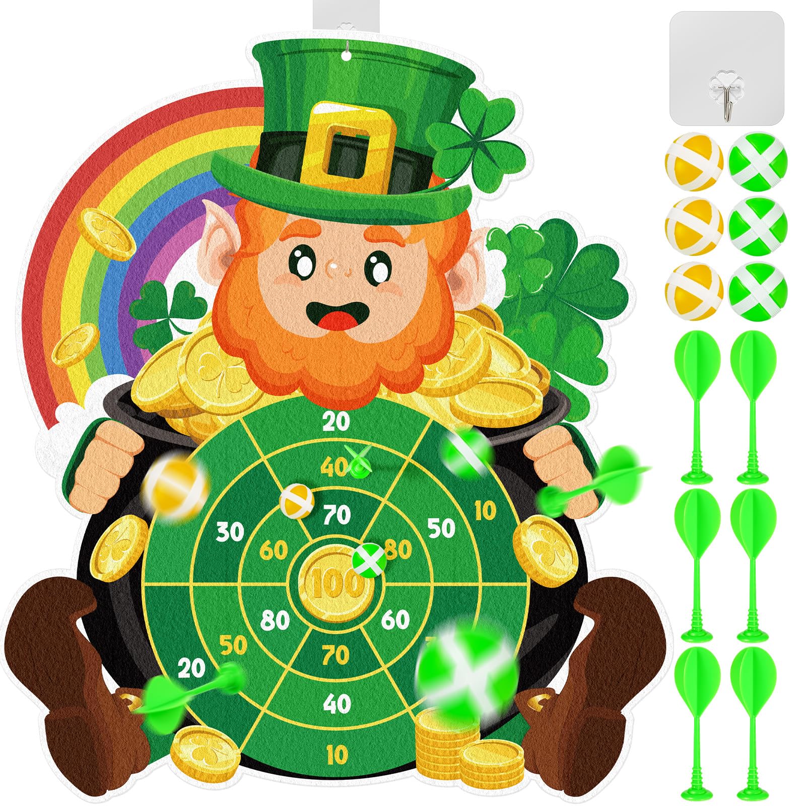 Cinrobiye St.Patricks Day Game Irish Party Dart Board Game Set with 6 Sticky Balls and 6 Darts for Family Leprechaun Spring Bir