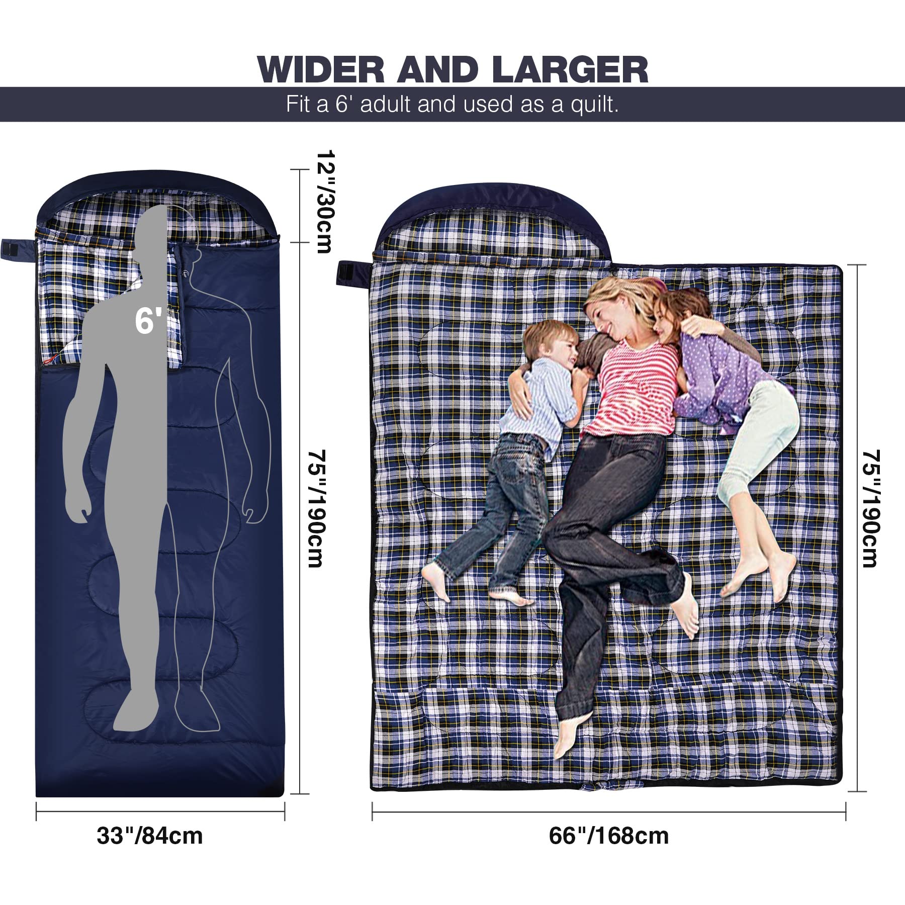 Redcamp Flannel Sleeping Bag For Adults, Large Cotton Sleeping Bags For Camping With Detachable Hood, Blue Plaid With 3Lbs Filli