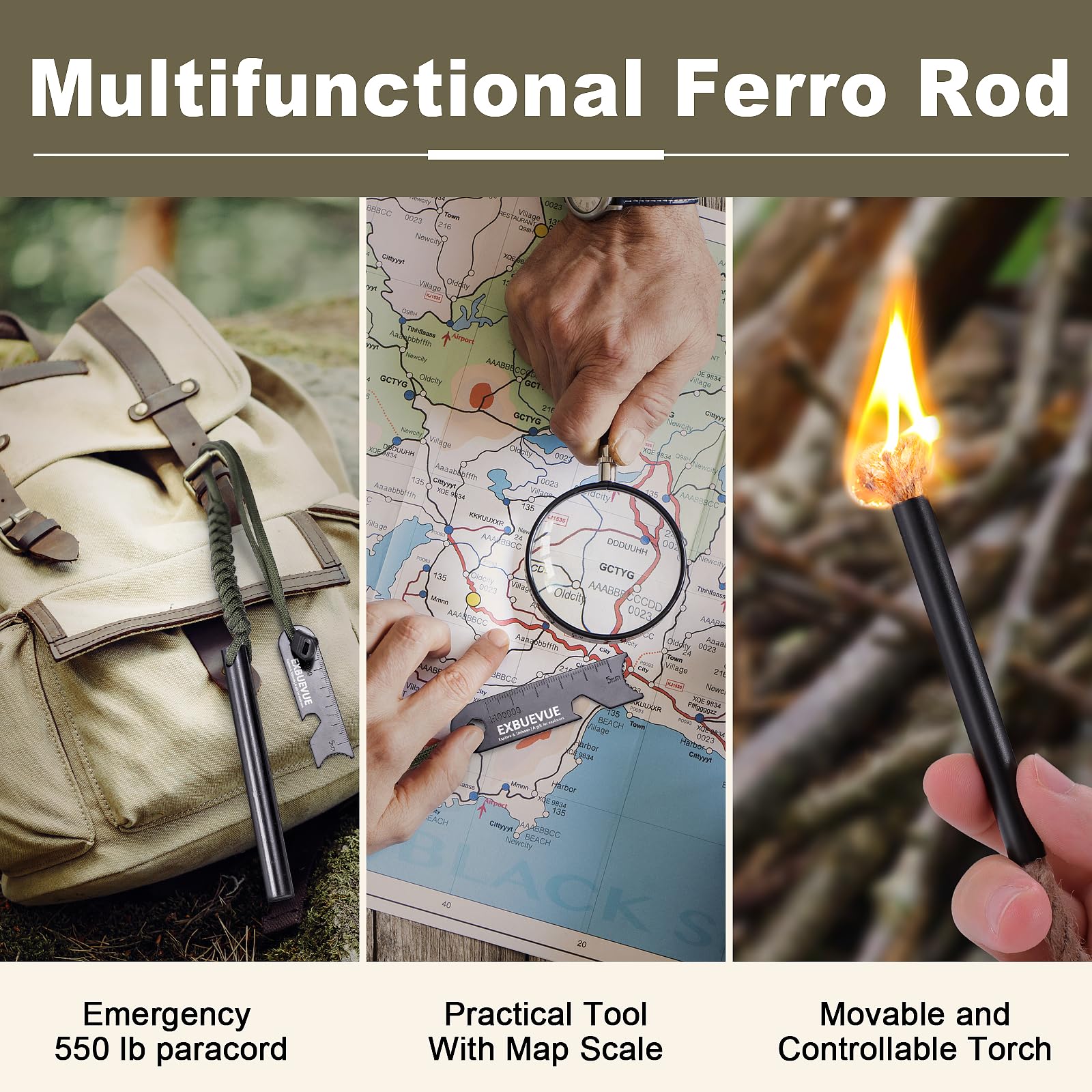 Exbuevue Fire Starter, 5'' Ferro Rod Outdoor Survival Tools Flint And Steel And Stricker For Bushcraft, Camping, Hiking Kits