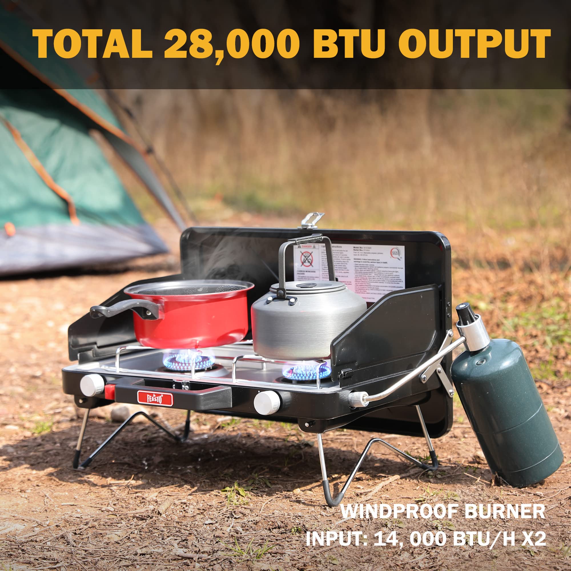 Feasto Camping Propane Stove, Portable Camping Grill Stove, Push-Button Ignition, Adjustable Windproof Burners, Wind Guards, Fol