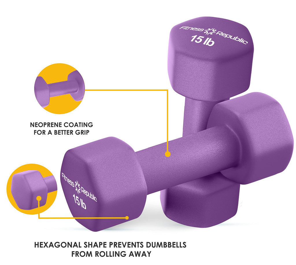 Fitness Republic 15Lb Neoprene Workout Dumbbells Set Of 2 - Non Slip, Anti Roll Exercise & Fitness Dumbbells - Hex Shaped Hand W